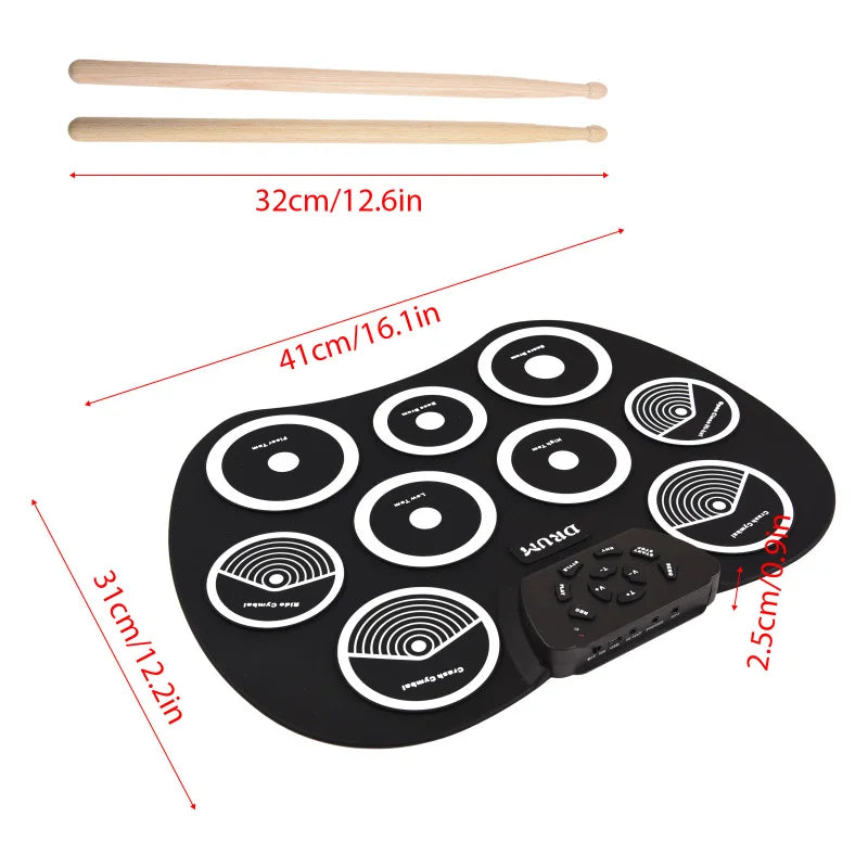 Electronic Drum Set Hand-rolled Drum 9-pad MIDI Interface Supports DTX Games Portable Drum Set Gifts with Drumsticks Pedals