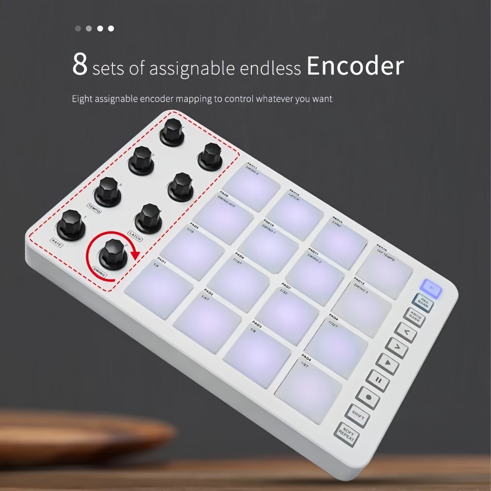 FF Bonfires Portable MIDI Controller with 16 Drum Pads & 8 Knobs - USB Powered, Rechargeable Battery, Programmable Keyboard for Music Creation
