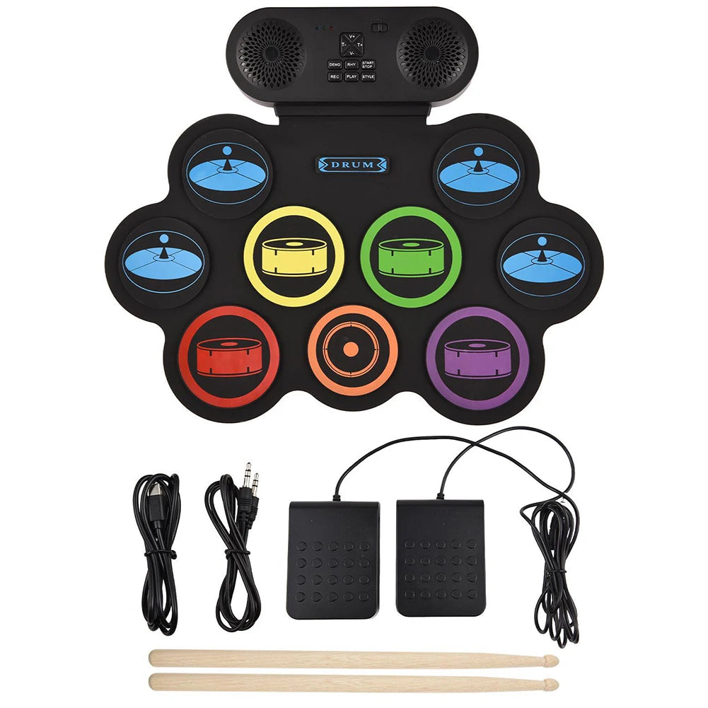 5V Electronic Drum Set Built-in Speaker 9 Pads Roll Up Drum Kit with Drumsticks Sustain Pedal with 1200/1000 Battery Charger