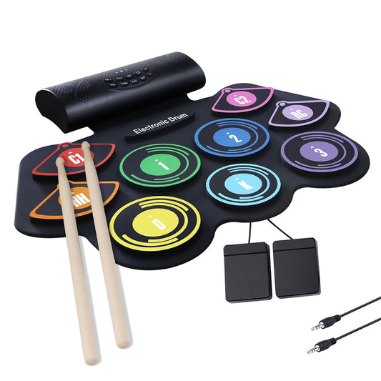 5V Electronic Drum Set Built-in Speaker 9 Pads Roll Up Drum Kit with Drumsticks Sustain Pedal with 1200/1000 Battery Charger
