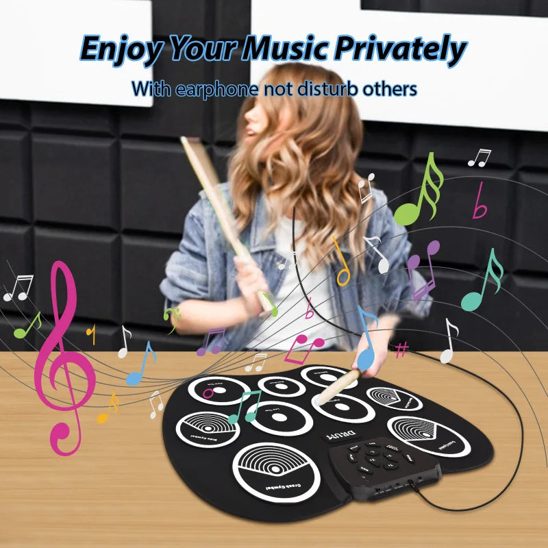 Electronic Drum Set Hand-rolled Drum 9-pad MIDI Interface Supports DTX Games Portable Drum Set Gifts with Drumsticks Pedals