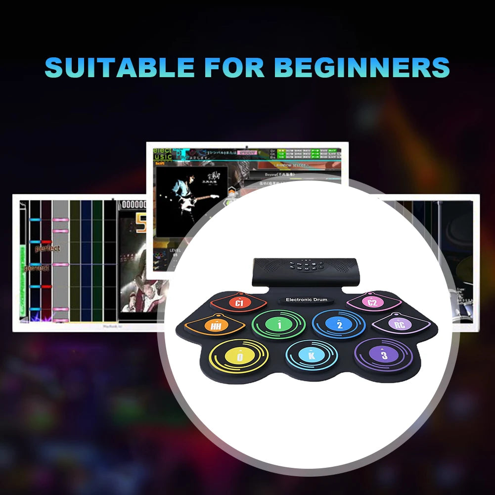 9 Pads Roll Up Drum Kit Built-in Speaker Electronic Roll Up Drum Pad Set with Drumsticks Sustain Pedal for Kids Beginners