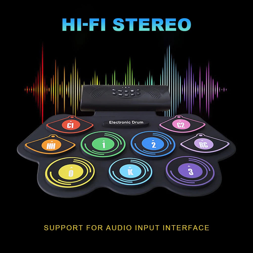 5V Electronic Drum Set Built-in Speaker 9 Pads Roll Up Drum Kit with Drumsticks Sustain Pedal with 1200/1000 Battery Charger