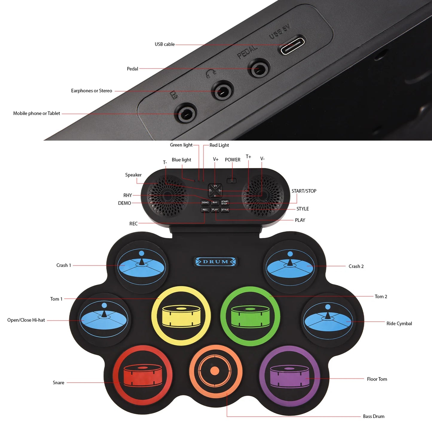 9 Pads Electronic Drum Set Hand Roll Drum Set Supports DTX Gaming/BT Dual Speaker 7 Drum Styles 6 Rhythms 10Demo Songs Pad Drum