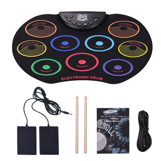 Compact Size Roll-Up Drum Set Electronic Drum Kit 9 Silicon Drum Pads USB/Battery Powered with Drumsticks Foot Pedals