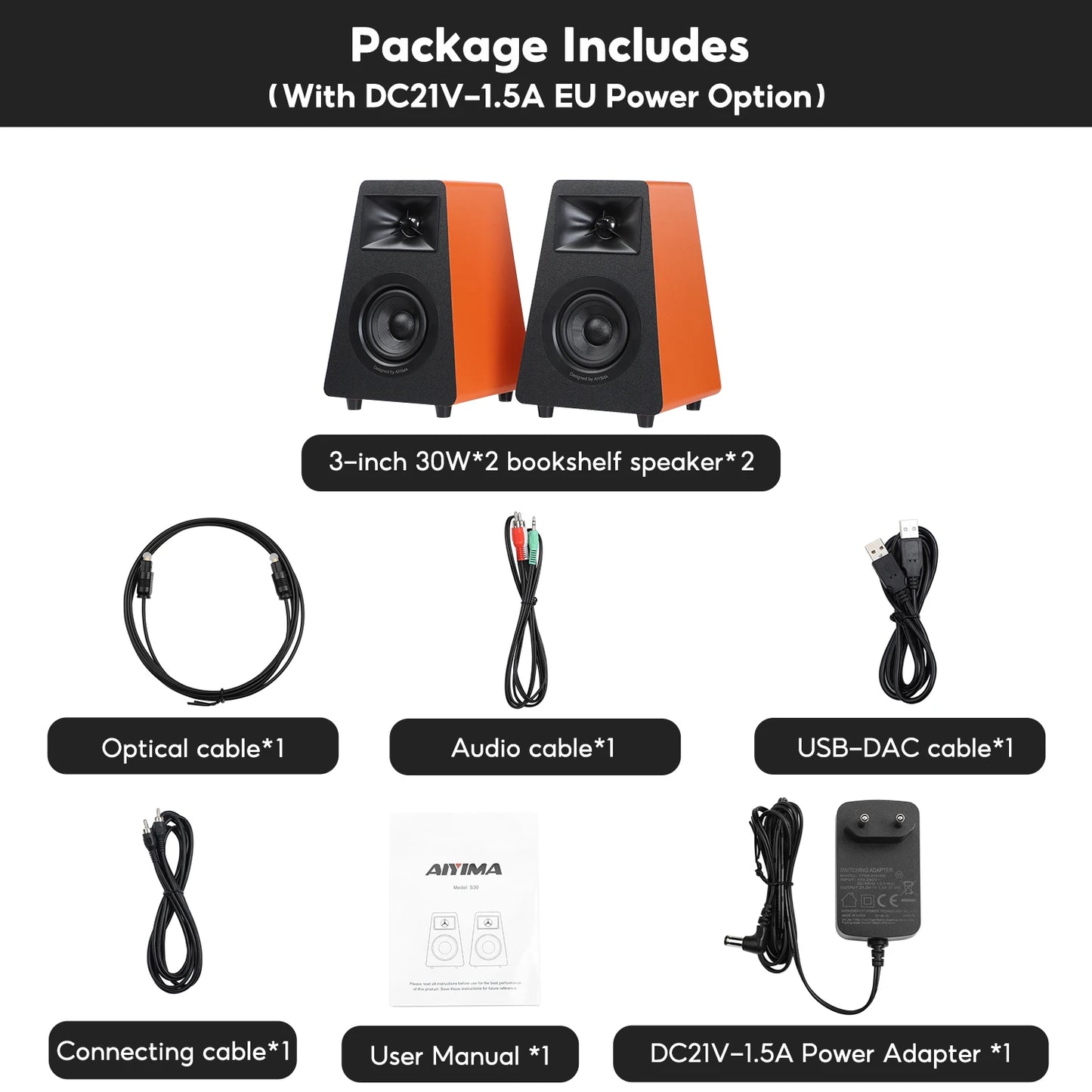 AIYIMA S30 Bookshelf Speakers Bluetooth 5.3 Wooden Studio Monitor Active Speakers Hifi Home Theater Subwoofer Orange/White