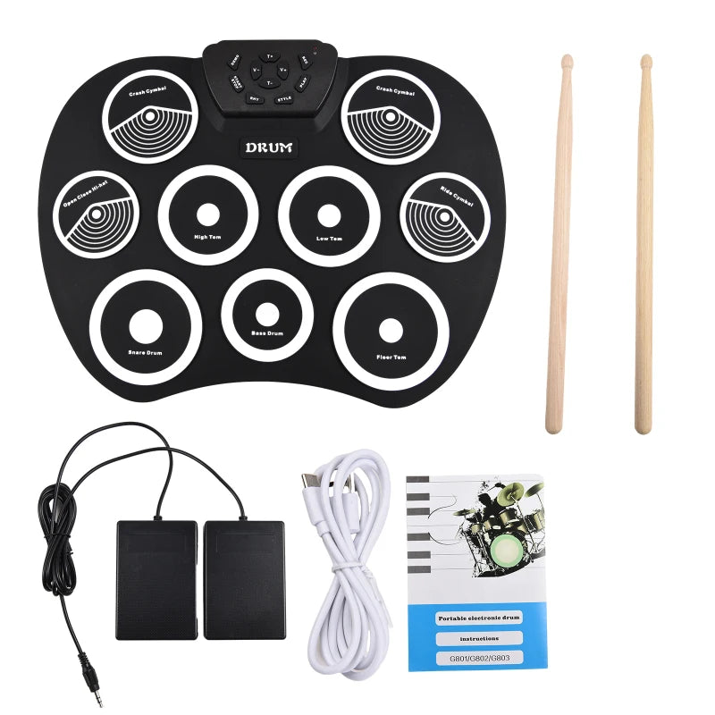 Electronic Drum Set Hand-rolled Drum 9-pad MIDI Interface Supports DTX Games Portable Drum Set Gifts with Drumsticks Pedals