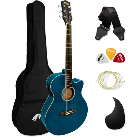 TIGER ACG4-BL Guitarra electroacústica estudiantes  tamaño completo con ecualizador incorporado, funda, correa, cuerdas