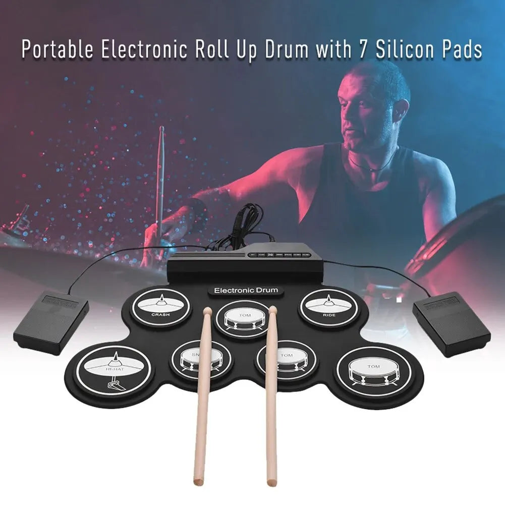 Nuevo kit de batería electrónica portátil de silicona plegable con rollo de mano y USB, con baquetas y pedal de sustain.