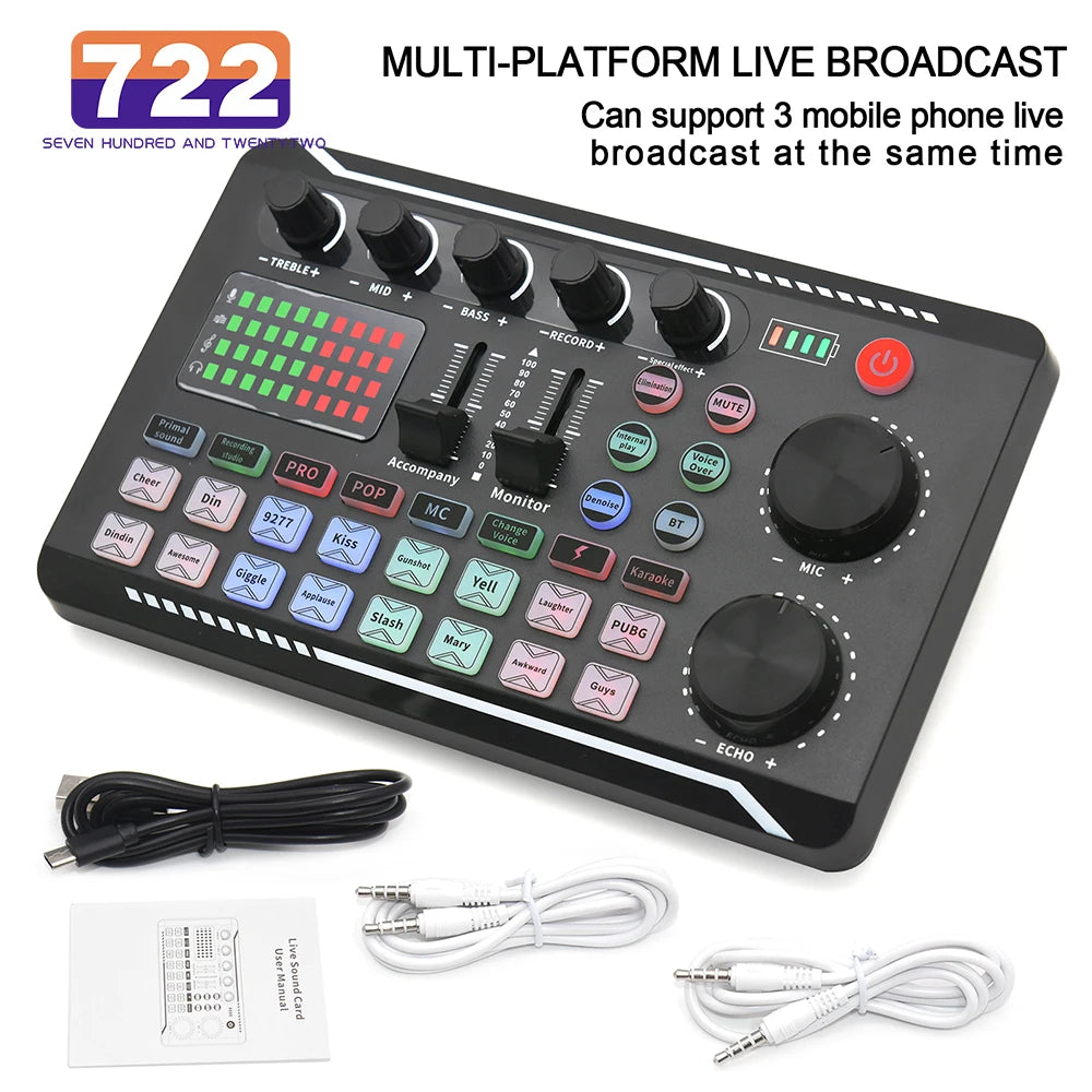 Live Sound Card And Audio Interface With DJ Mixer Effects Voice Changer Bluetooth-compatible Mixer For Live Streaming Singing