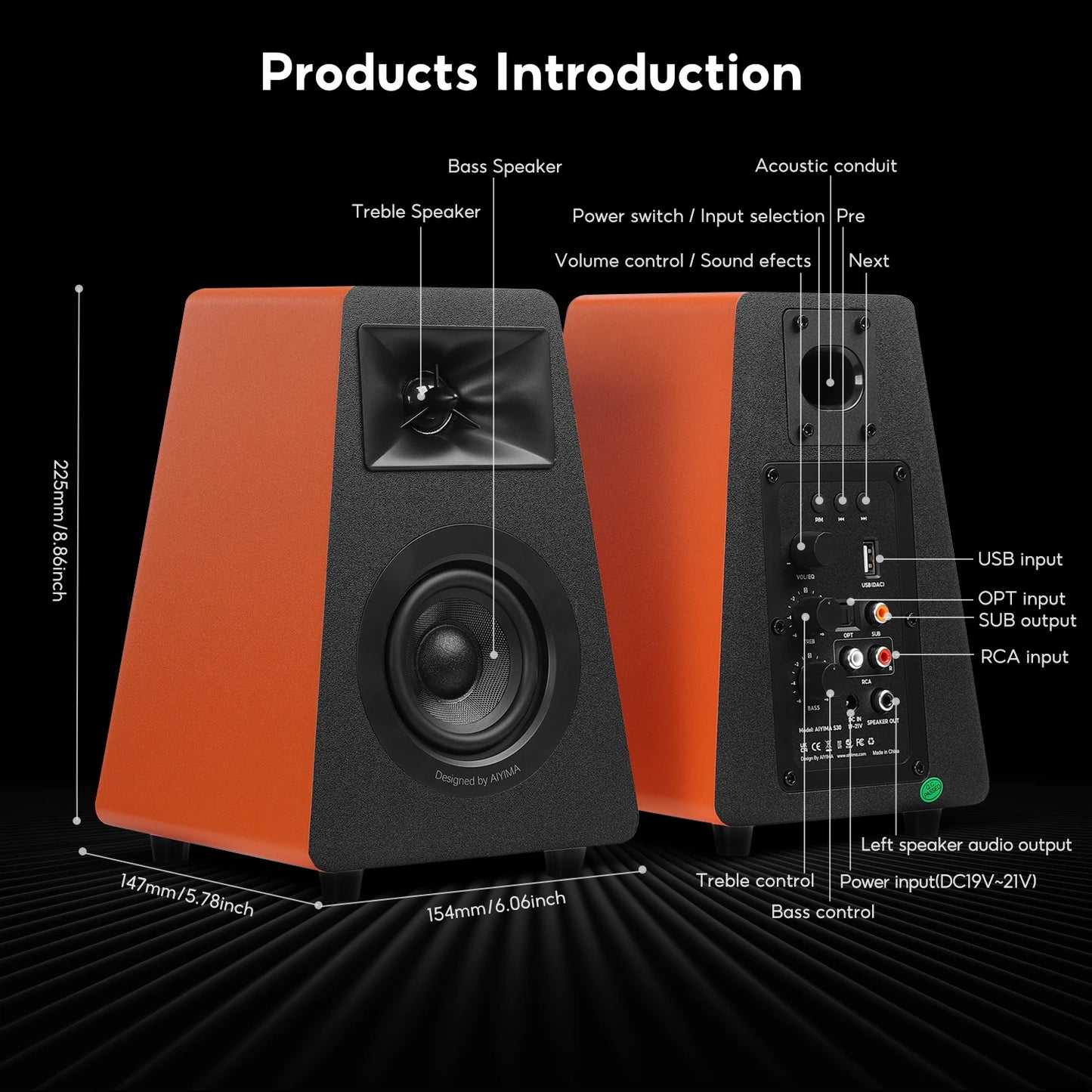 AIYIMA S30 Bookshelf Speakers Bluetooth 5.3 Wooden Studio Monitor Active Speakers Hifi Home Theater Subwoofer Orange/White