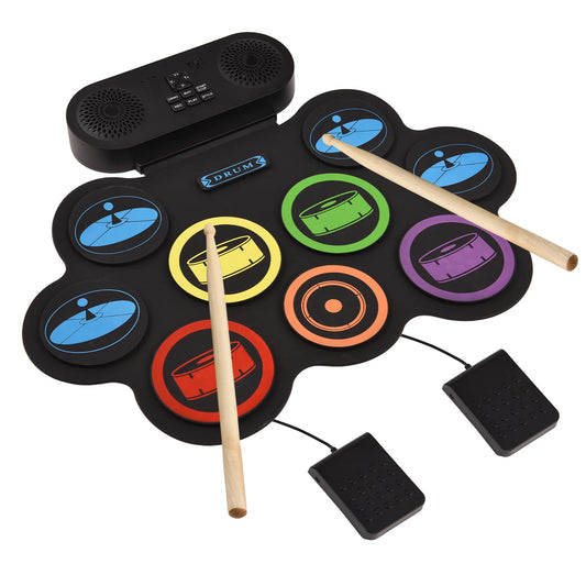 9 Pads Electronic Drum Set Hand Roll Drum Set Supports DTX Gaming/BT Dual Speaker 7 Drum Styles 6 Rhythms 10Demo Songs Pad Drum