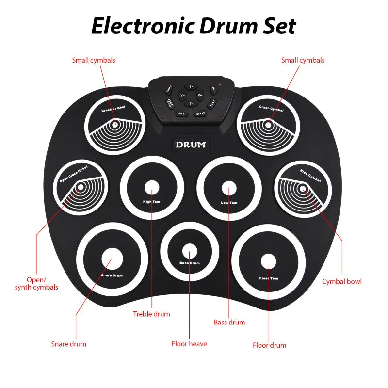 Electronic Drum Set Hand-rolled Drum 9-pad MIDI Interface Supports DTX Games Portable Drum Set Gifts with Drumsticks Pedals