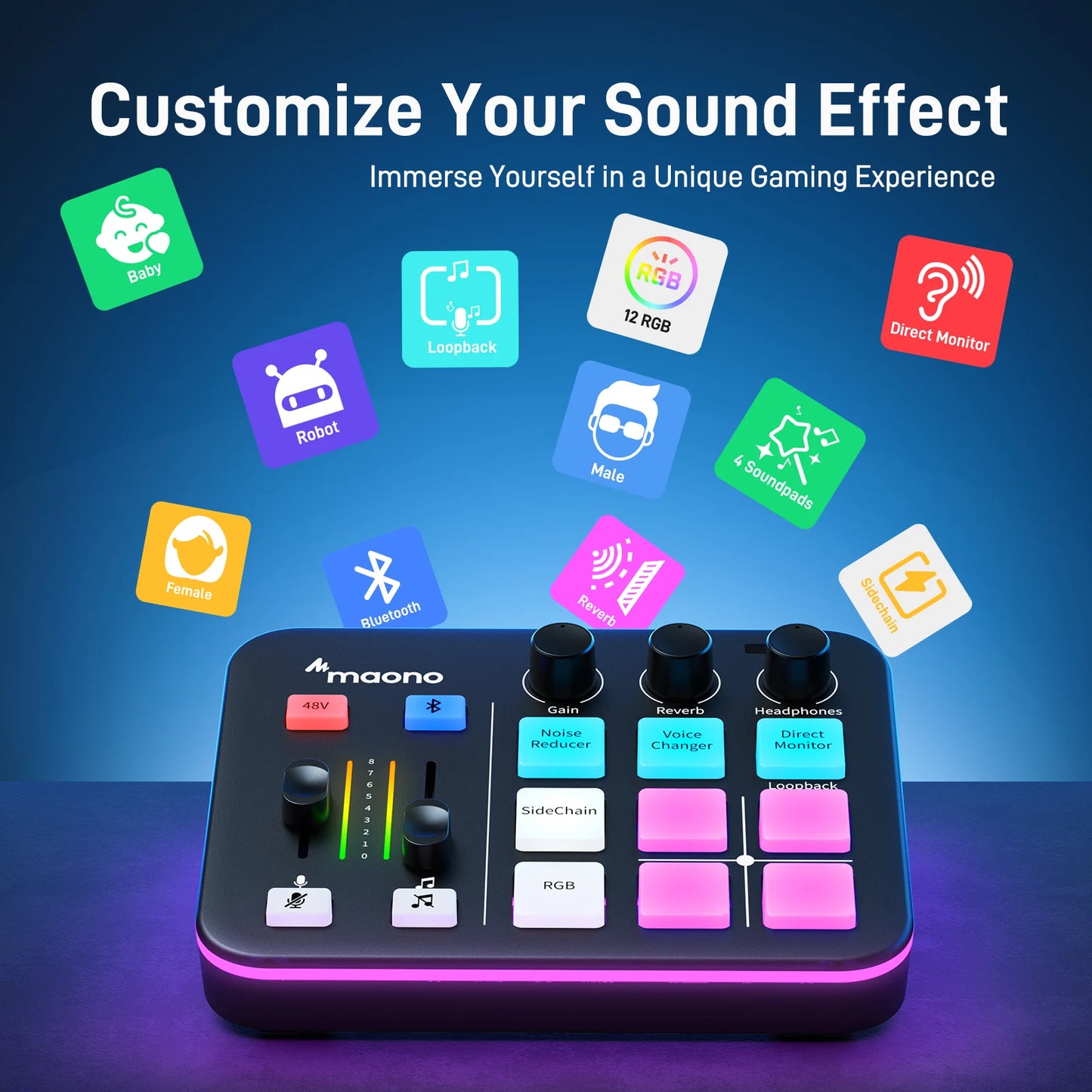 MAONO G1 NEO Gaming Audio Mixer,Custom Sound Effects RGB Streaming with XLR Microphone Audio Interface,for Game Voice,Podcast