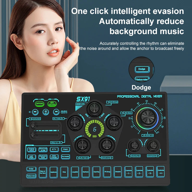 SX91 48V Audio Mixer with Voice changer,Podcast Mixer,Sound Card for Phone Gaming Karaoke Studio Live Streaming Podcast