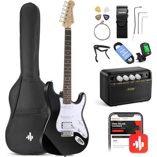 Donner Kit Guitarra Eléctrica Stratocaster de Tamaño Completo con Amplificador, Bolsa, Capo, Correa, Cuerda, Sintonizador,