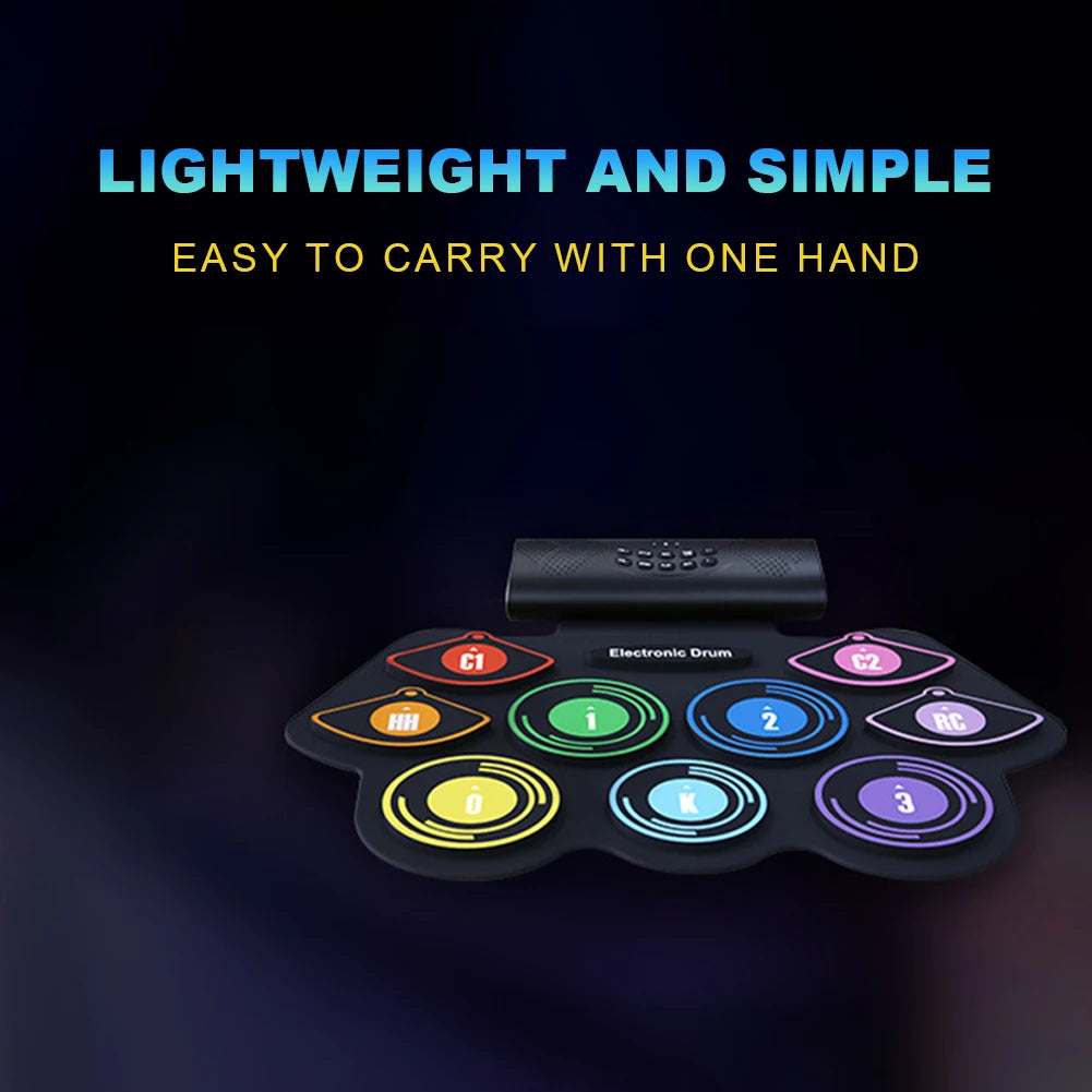 5V Electronic Drum Set Built-in Speaker 9 Pads Roll Up Drum Kit with Drumsticks Sustain Pedal with 1200/1000 Battery Charger