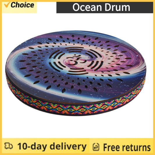 8/10/12inch Ocean Drum Ethnic Percussion Instrument Painted Drum Pattern Birch Wooden Drum Woven Edge for Home Party