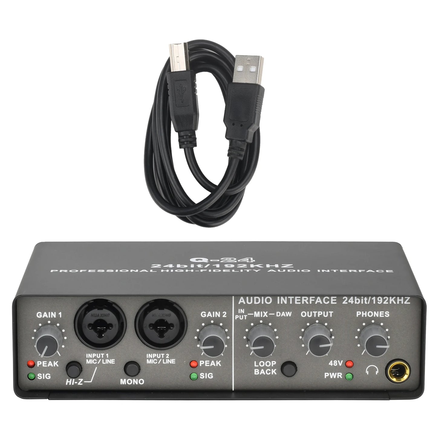 Professional 24Bit 192KHz Audio Interface 2 Input Sound Card for Guitar Loopback USB External Soundcard Studio PC Recording Q24