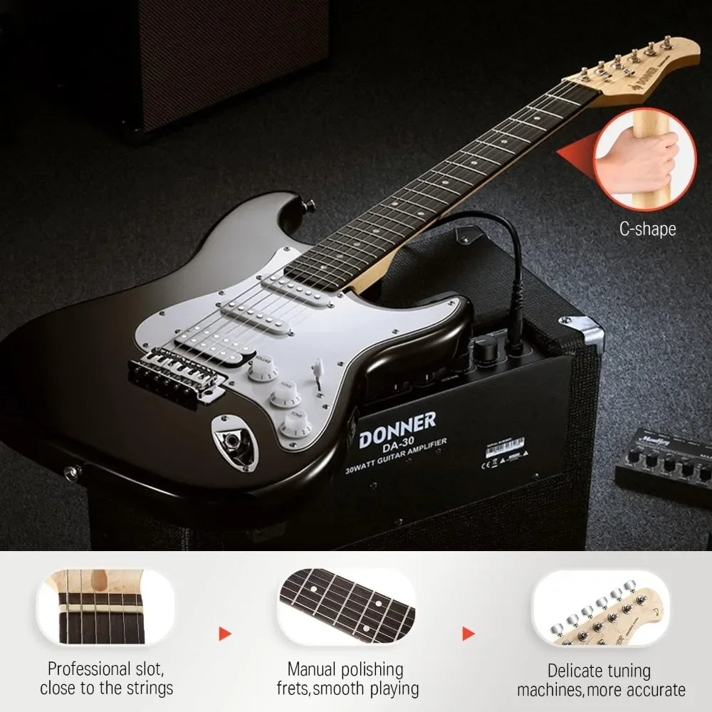 Donner Kit Guitarra Eléctrica Stratocaster de Tamaño Completo con Amplificador, Bolsa, Capo, Correa, Cuerda, Sintonizador,