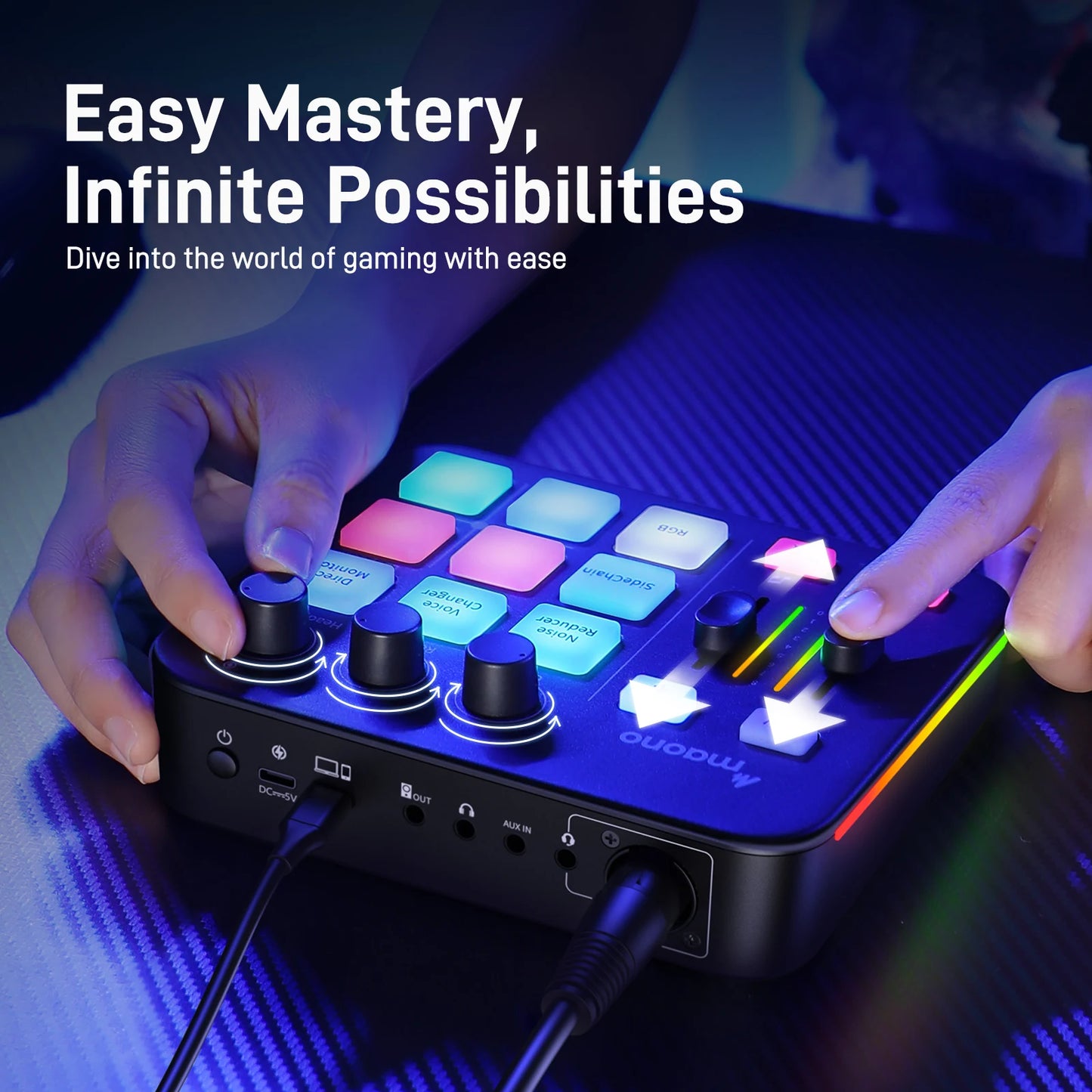 MAONO G1 NEO Gaming Audio Mixer,Custom Sound Effects RGB Streaming with XLR Microphone Audio Interface,for Game Voice,Podcast