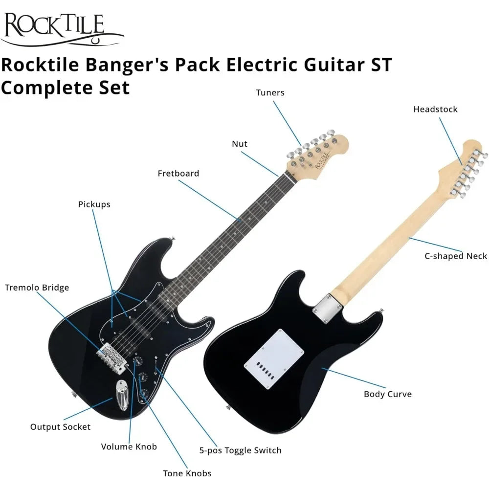 Rocktile Banger's PowerPack Kit de Guitarra Eléctrica Completo Guitarra electrica con 2 Single-Coil pick-up Juego amplificador