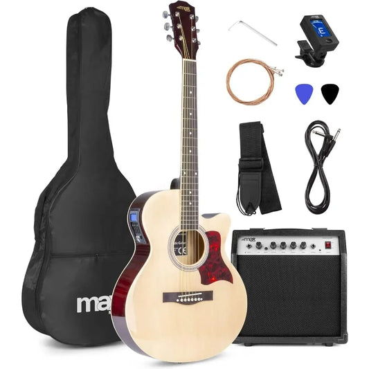 MAX Showkit Guitarra electroacustica incluye: cuerdas acero repuesto, amplificador, funda, afinador, dos puas y correa, Color