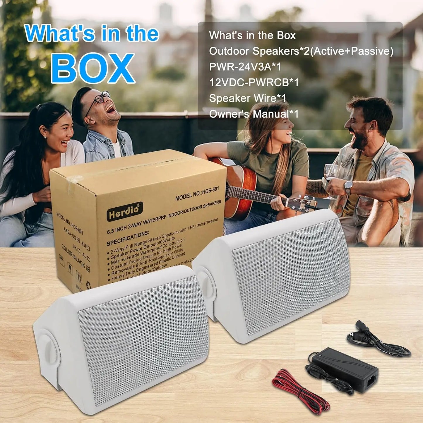 Herdio 6.5" 400W 2PCS Indoor Outdoor Bluetooth Speakers Wall Mount Speakers Waterproof Weather Resistant For Patio Garage Home