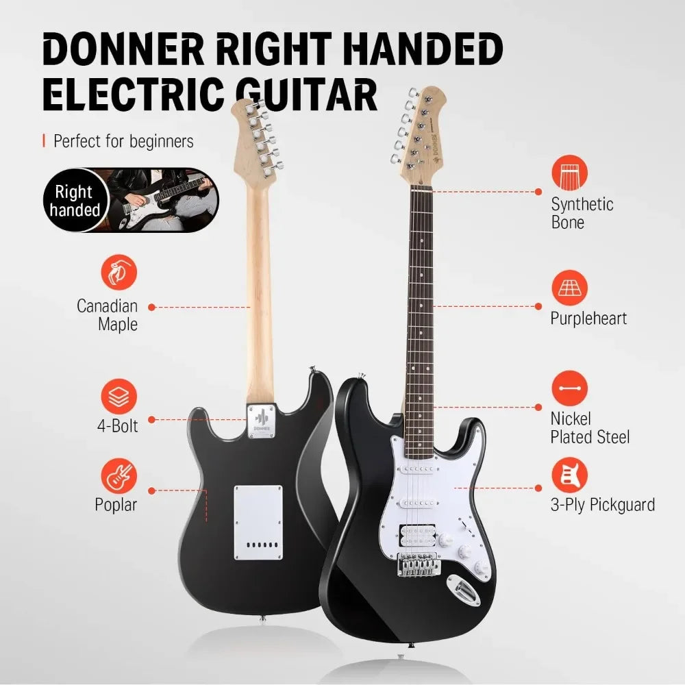 Donner Kit Guitarra Eléctrica Stratocaster de Tamaño Completo con Amplificador, Bolsa, Capo, Correa, Cuerda, Sintonizador,