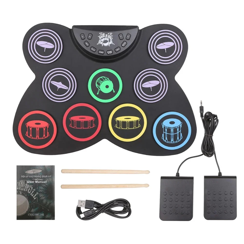 9 Pads Roll Up Drum Kit Built-in Speaker Electronic Roll Up Drum Pad Set with Drumsticks Sustain Pedal for Kids Beginners