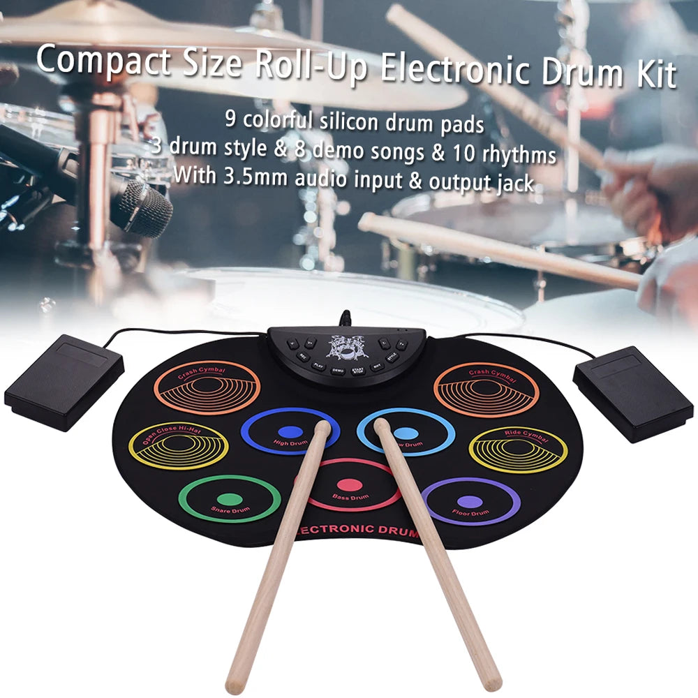 Compact Size Roll-Up Drum Set Electronic Drum Kit 9 Silicon Drum Pads USB/Battery Powered with Drumsticks Foot Pedals