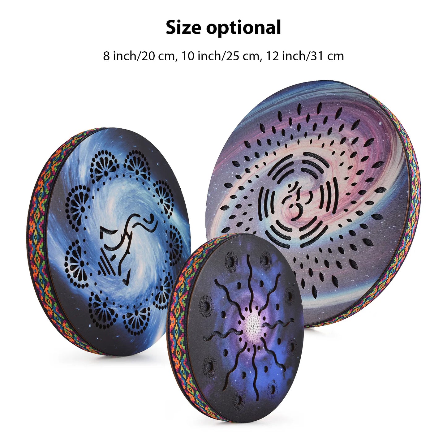 8/10/12inch Ocean Drum Ethnic Percussion Instrument Painted Drum Pattern Birch Wooden Drum Woven Edge for Home Party