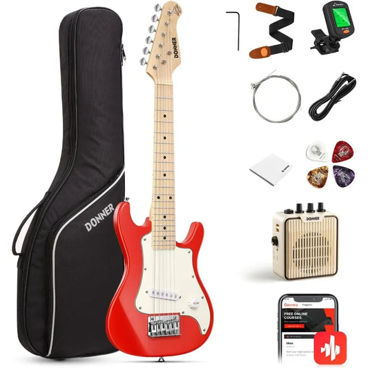 Donner Kit guitarra eléctrica junior 30 pulgadas  principiantes, estilo ST, paquete premium con amplificador, sintonizador, capo