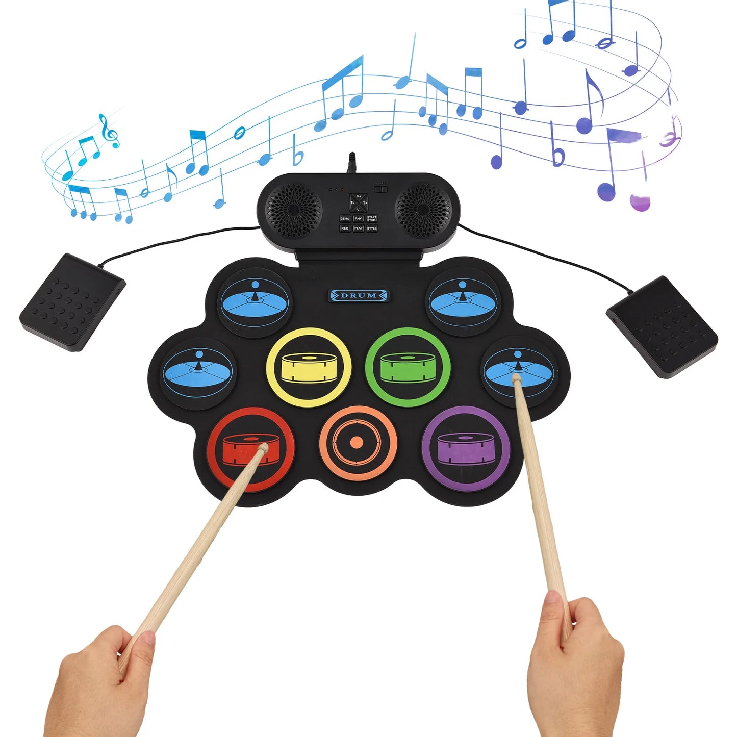 9 Pads Electronic Drum Set Hand Roll Drum Set Supports DTX Gaming/BT Dual Speaker 7 Drum Styles 6 Rhythms 10Demo Songs Pad Drum