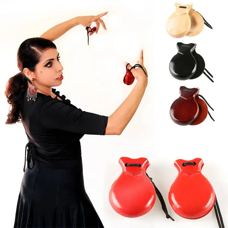 2PCS Spanish Castanets Traditional Wooden Castanet Flamenco Dance Music Instrument Percussion Wood Instruments for Beginner