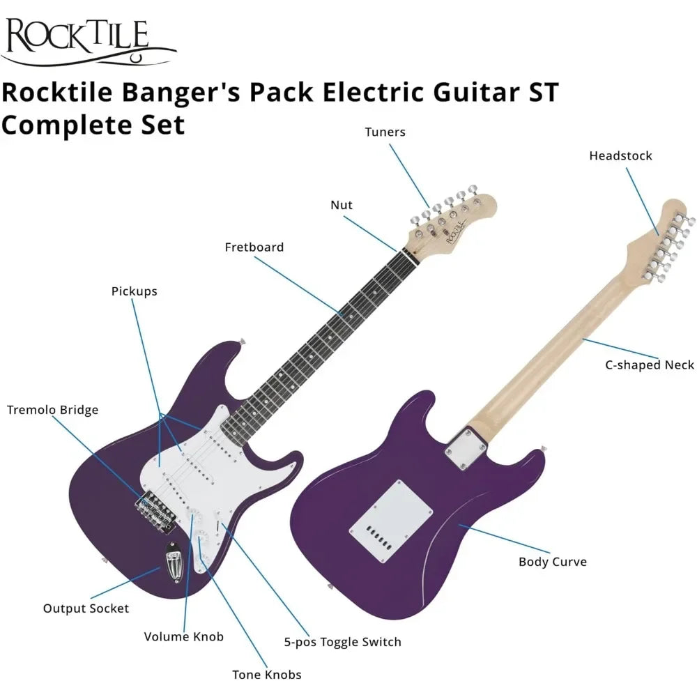 Rocktile Banger's Pack Kit Guitarra Eléctrica Completo - Guitarra electrica con 3 Single-Coil pick up  Juego con amplificador