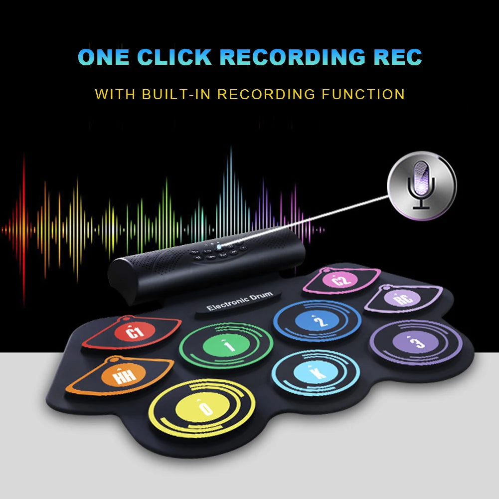 5V Electronic Drum Set Built-in Speaker 9 Pads Roll Up Drum Kit with Drumsticks Sustain Pedal with 1200/1000 Battery Charger