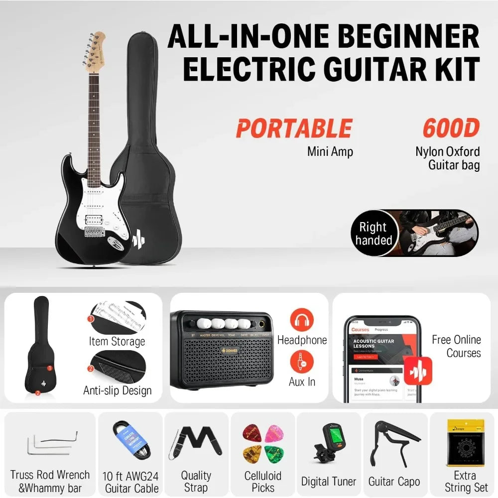 Donner Kit Guitarra Eléctrica Stratocaster de Tamaño Completo con Amplificador, Bolsa, Capo, Correa, Cuerda, Sintonizador,