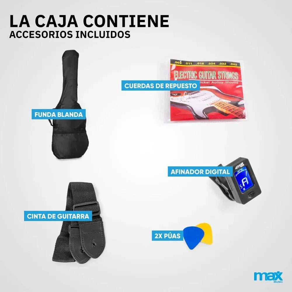 MAX GigKit - kit guitarra electrica iniciación, amplificador de 40w, funda transporte, afinador, cuerdas, palanca tremolo