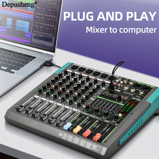 DEPUSHENG Dj Mixers 6/8/12/16 Channel Audio Mixer, Sound Mixing Console Built-in 256 Digital Effects With 48V Phantom Power, USB Interface Recording For Studio/DJ Stage/Party, EU Plug